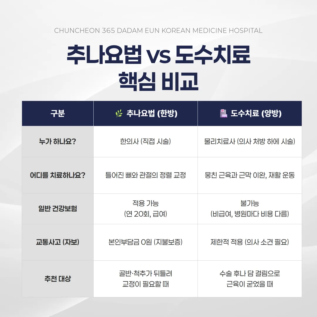 추나요법과 도수치료의 차이를 보여주는 척추 수기치료 비교 이미지