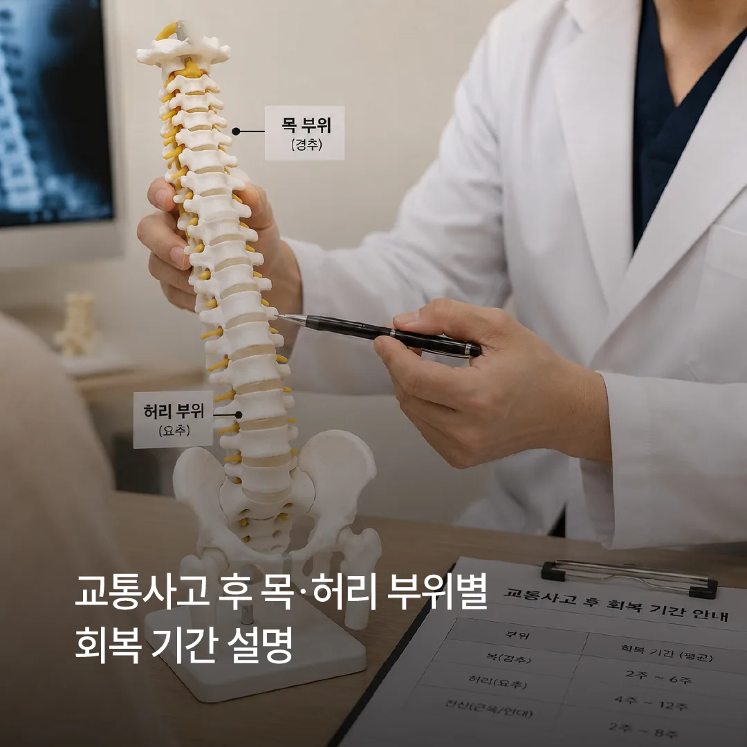 교통사고 후 목·허리 부위별 회복 기간을 설명하는 진료 장면