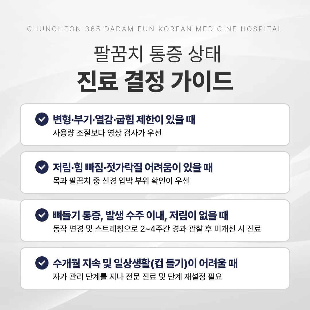 팔꿈치 통증 상태에 따라 검사, 신경 확인, 경과 관찰, 진료를 고르는 결정 가이드