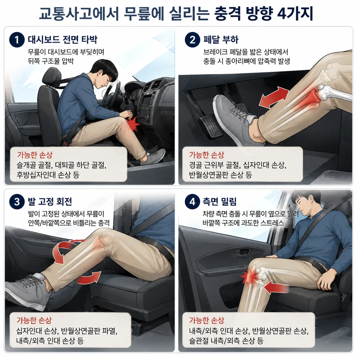 교통사고에서 무릎에 실리는 충격 방향 네 가지 도해