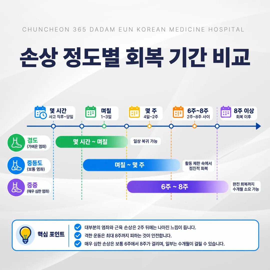 발목 손상 정도별 회복 기간 비교 시간축