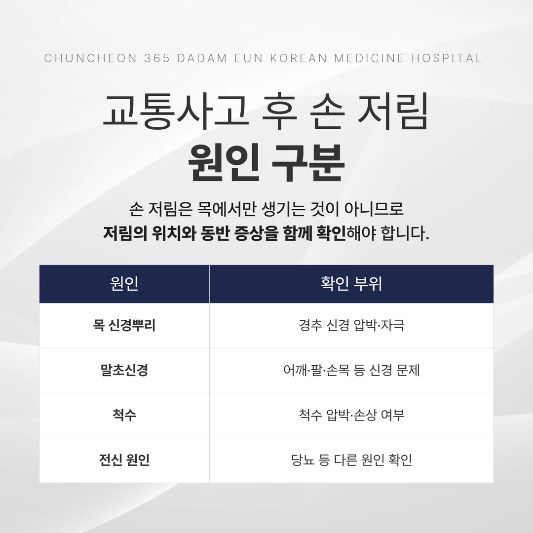 교통사고 손저림의 출처를 목·말초·척수·전신 네 갈래로 나눈 개념도