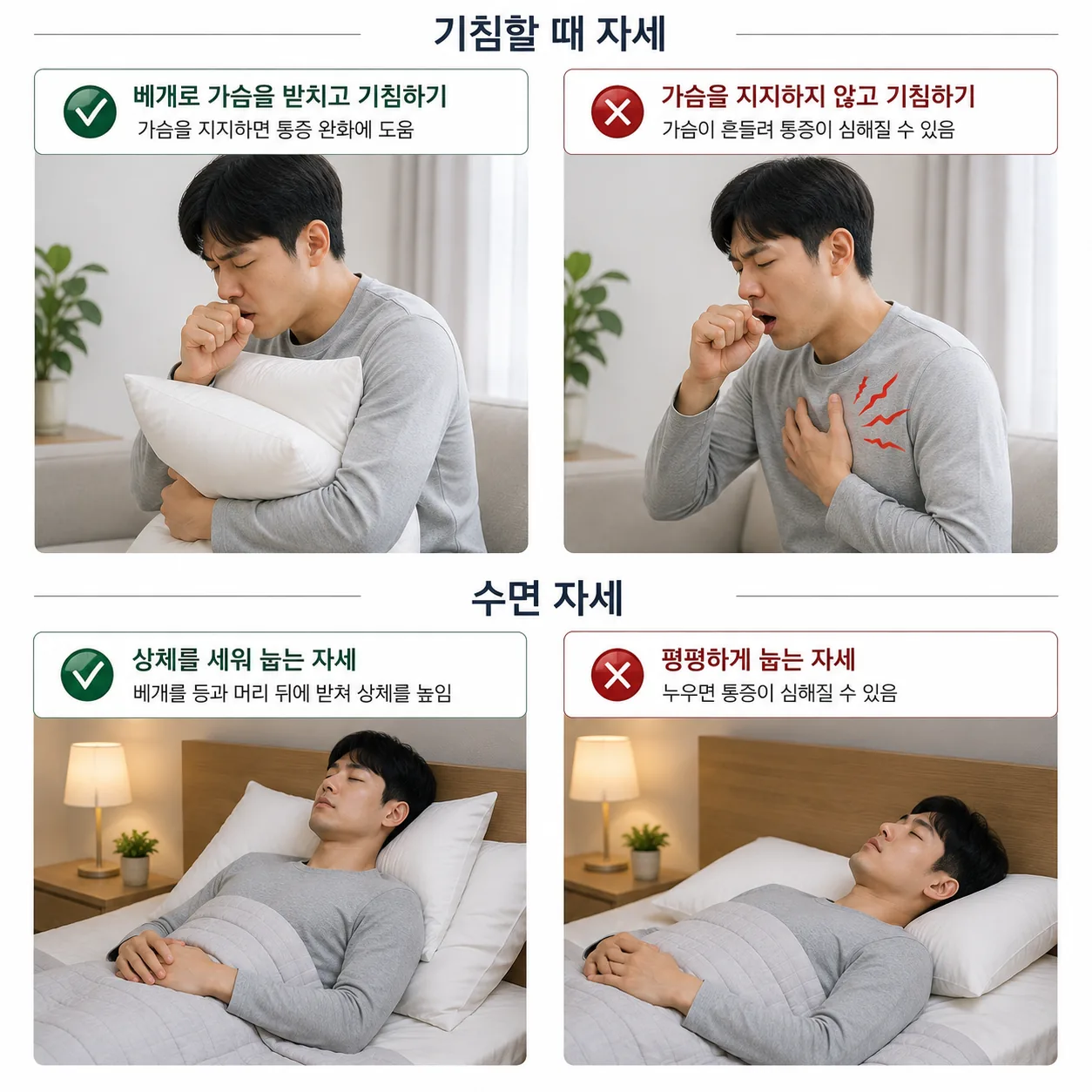갈비뼈 통증 있을 때 기침 자세와 수면 자세