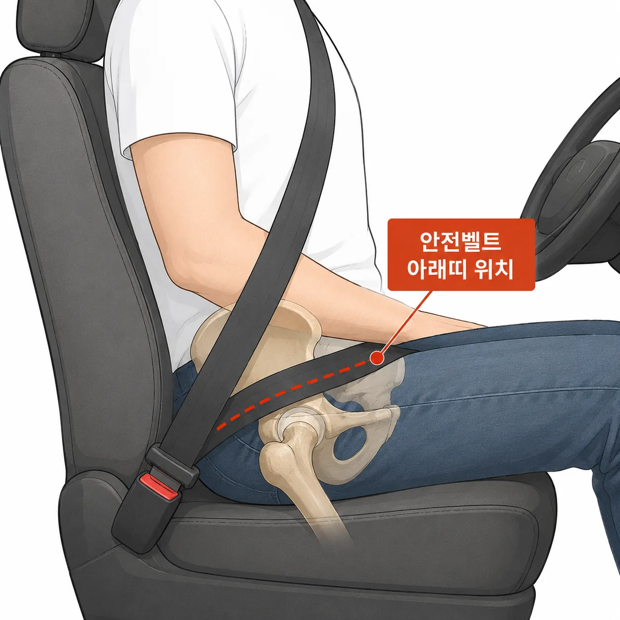 교통사고 때 안전벨트 아래띠가 골반에 걸리는 위치를 보여주는 도해