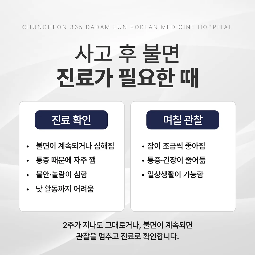 교통사고 불면 진료 시점 판단 분기 도식