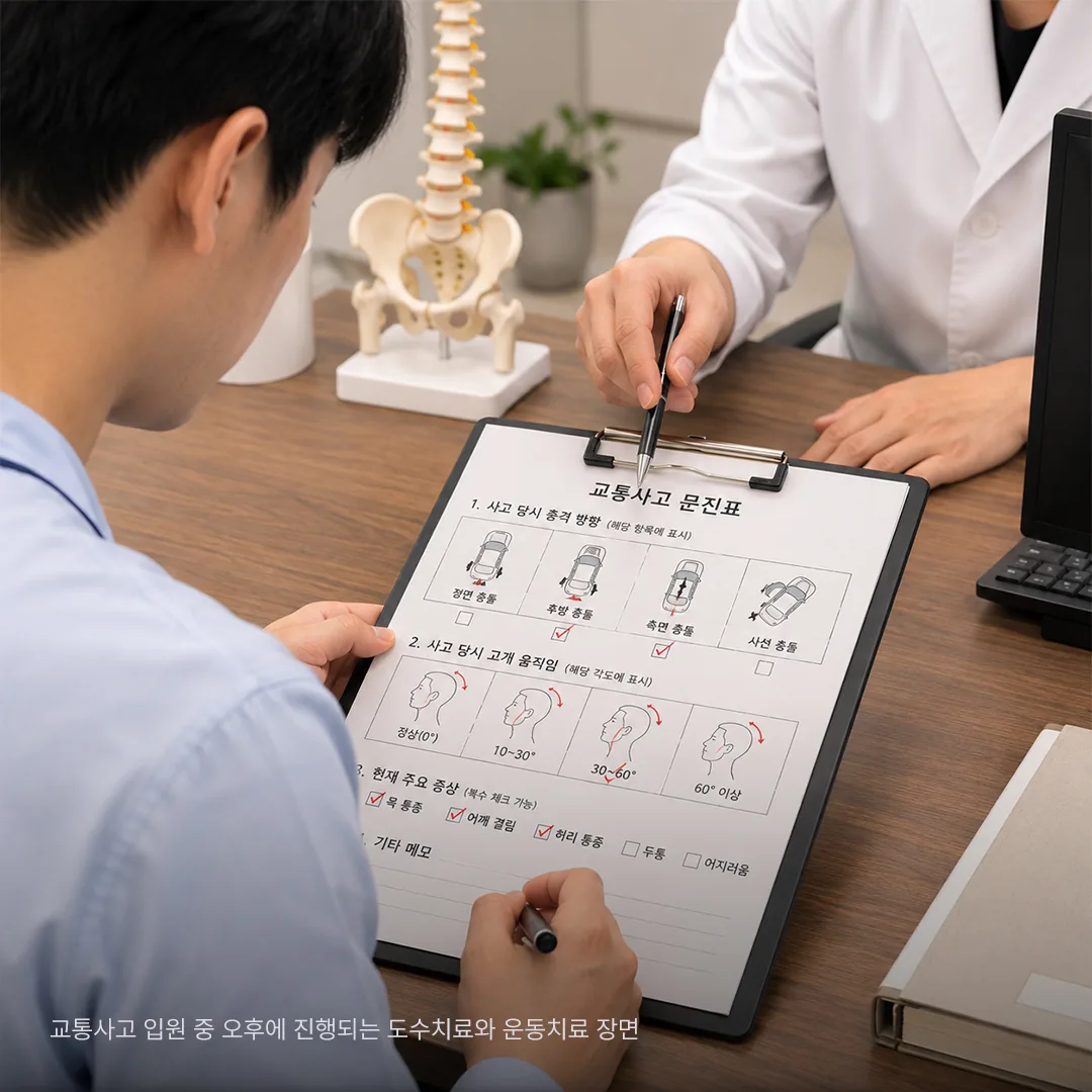 교통사고 입원 첫날 충격 방향과 가동범위를 기록하는 문진 과정