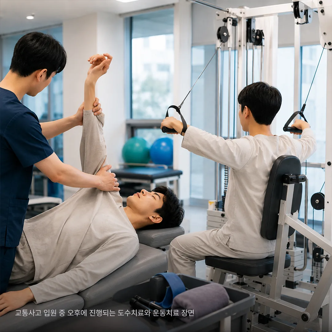 교통사고 입원 중 오후에 진행되는 도수치료와 운동치료 장면