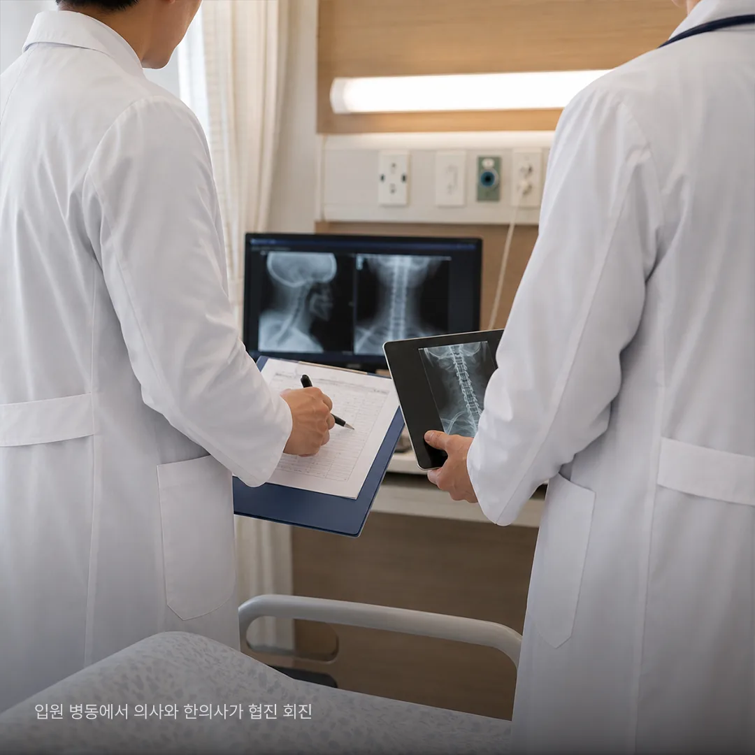 한방병원 입원 병동에서 의사와 한의사가 협진 회진을 하는 장면