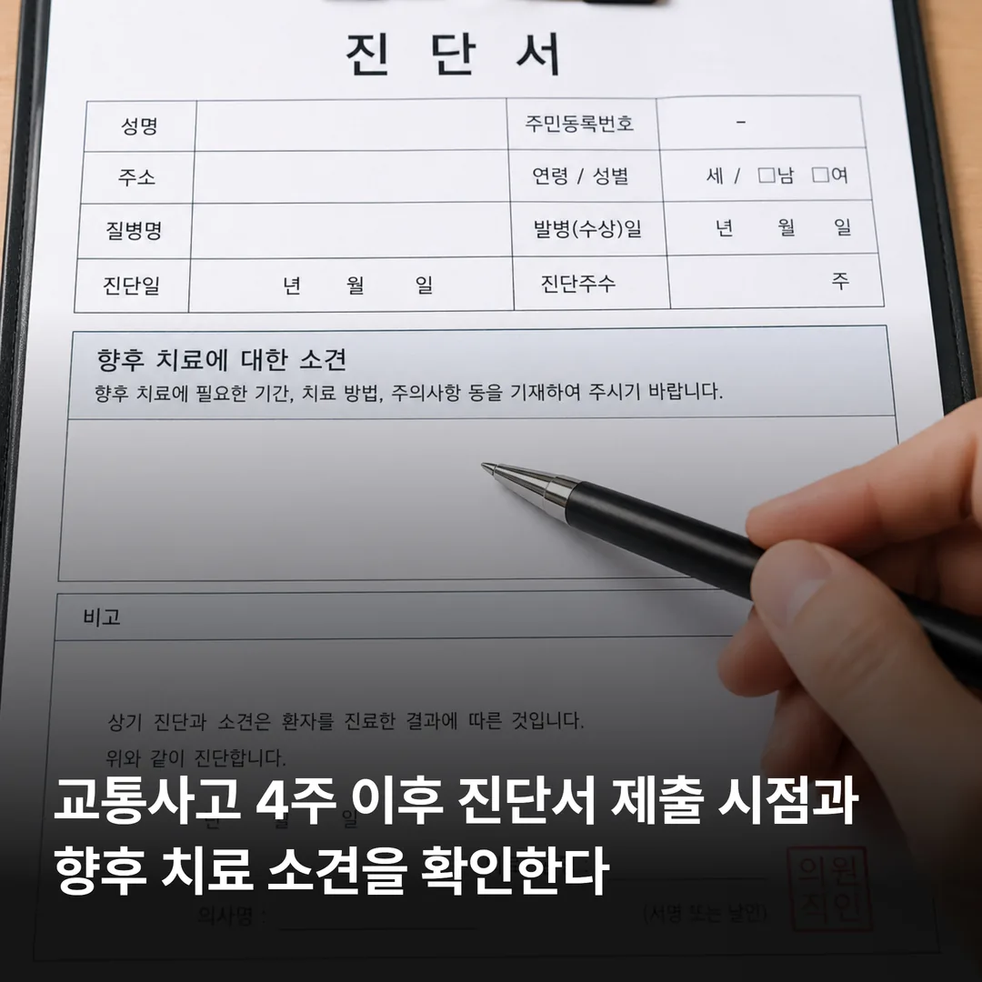 자동차보험 제출용 진단서의 향후 치료 소견 기재란을 확인하는 모습