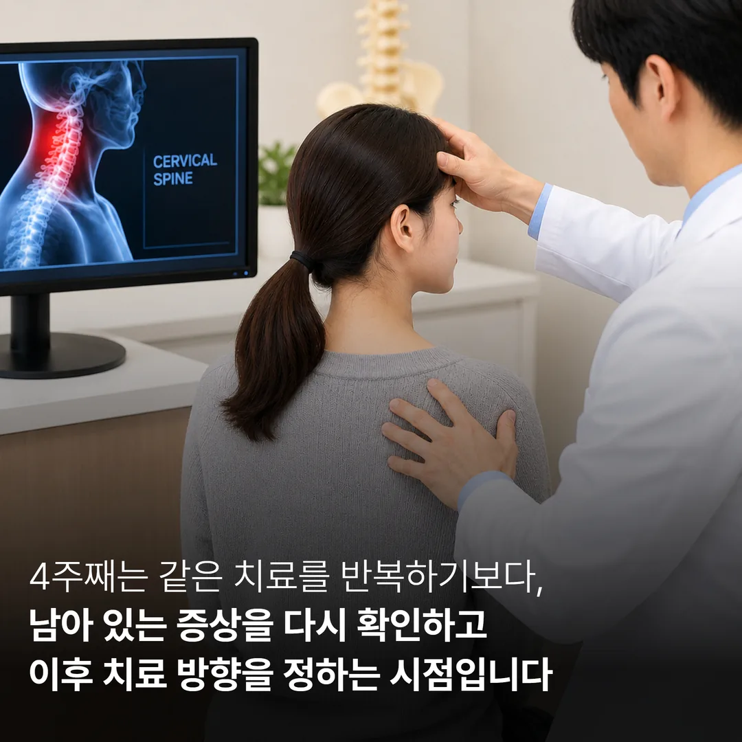교통사고 4주 시점 재평가에서 경추 회전 각도를 확인하는 한방병원 진료 장면