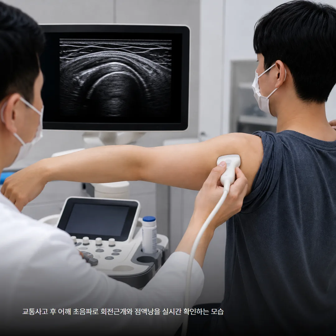 교통사고 후 어깨 초음파로 회전근개와 점액낭을 실시간 확인하는 모습