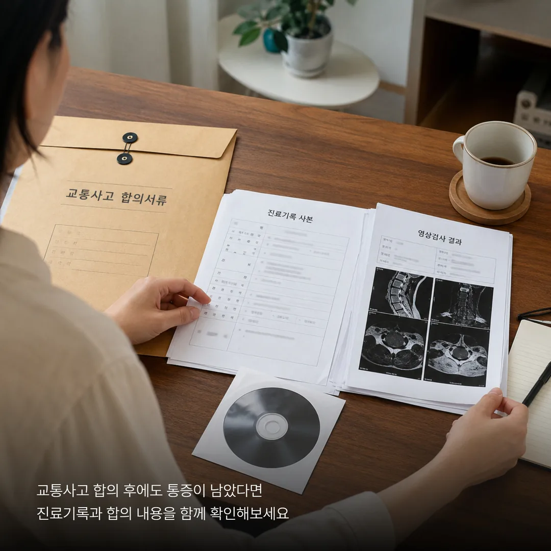 교통사고 합의서와 진료기록 사본을 함께 확인하는 모습