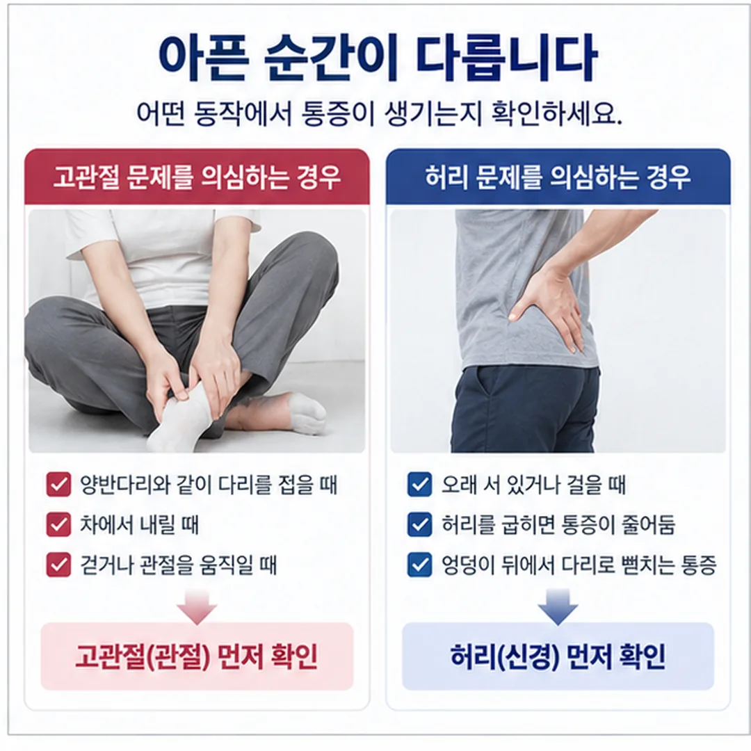 동작에 따라 고관절과 허리 중 어디를 먼저 살피는지 나눈 흐름도