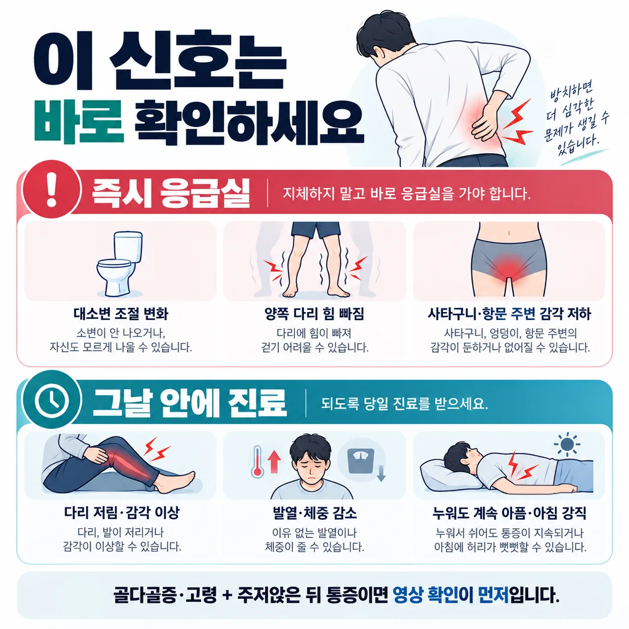급성 요통에서 되돌릴 생활 동작과 아직 미룰 동작을 나눈 표 도식