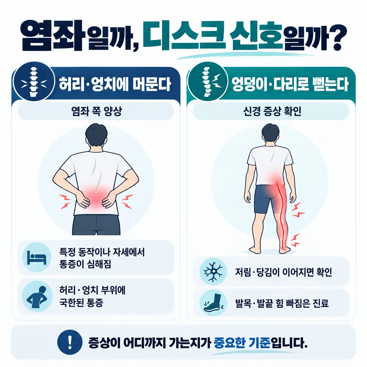 허리 통증에서 즉시 확인할 신호와 당일 진료가 필요한 신호를 나눈 도식