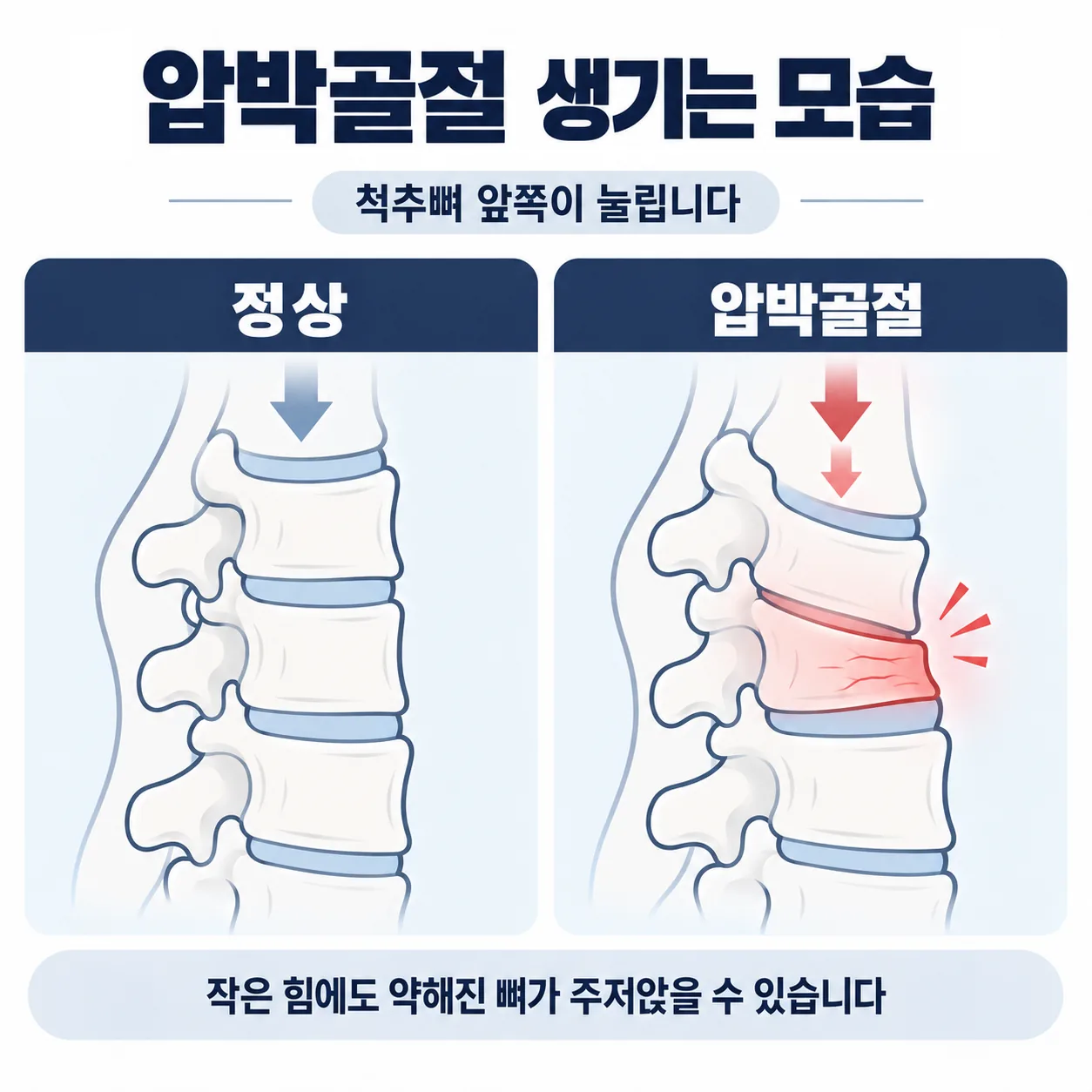 예전 척추 X-ray와 지금 X-ray를 견주어 앞쪽 높이가 낮아진 척추뼈를 찾는 그림