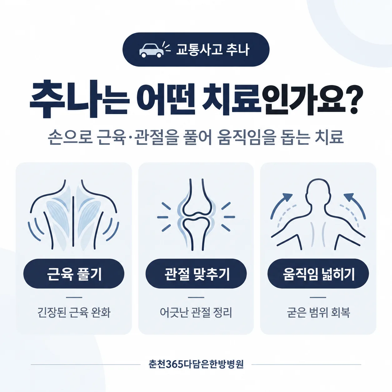 추나의 세 가지 방식을 근육 풀기, 관절 자리 맞추기, 움직임 넓히기로 나눈 도식