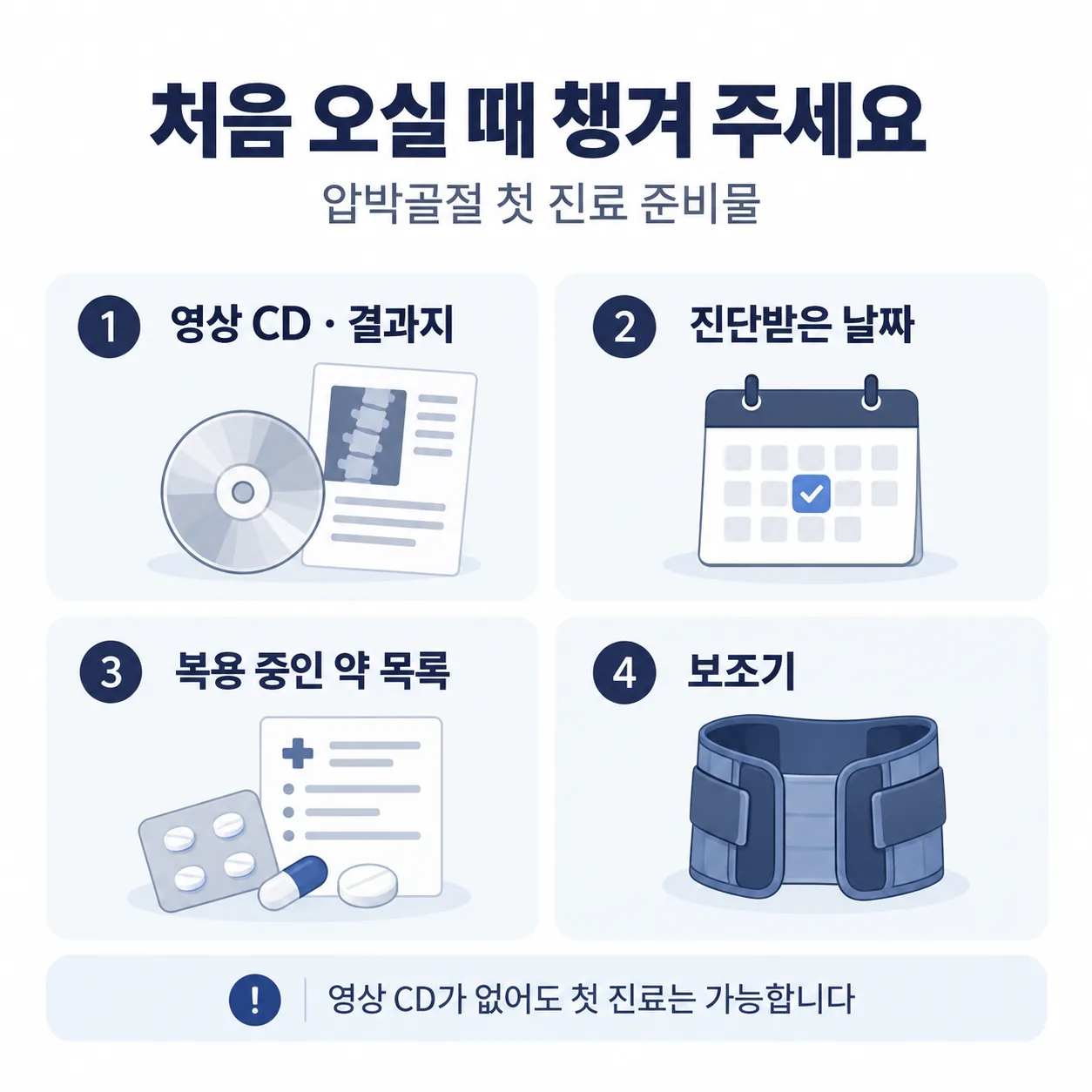 압박골절 첫 진료 때 챙길 영상 CD 결과지 진단 날짜 약 목록 보조기 준비물 표
